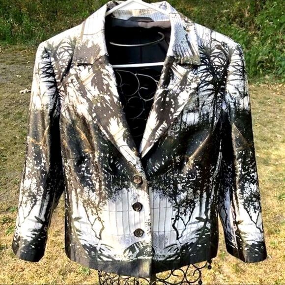ESCADA BREANNA BLACK/WHITE ABSTRACT PRINT SILK BLAZER/JACKET M/L - Picture 1 of 12